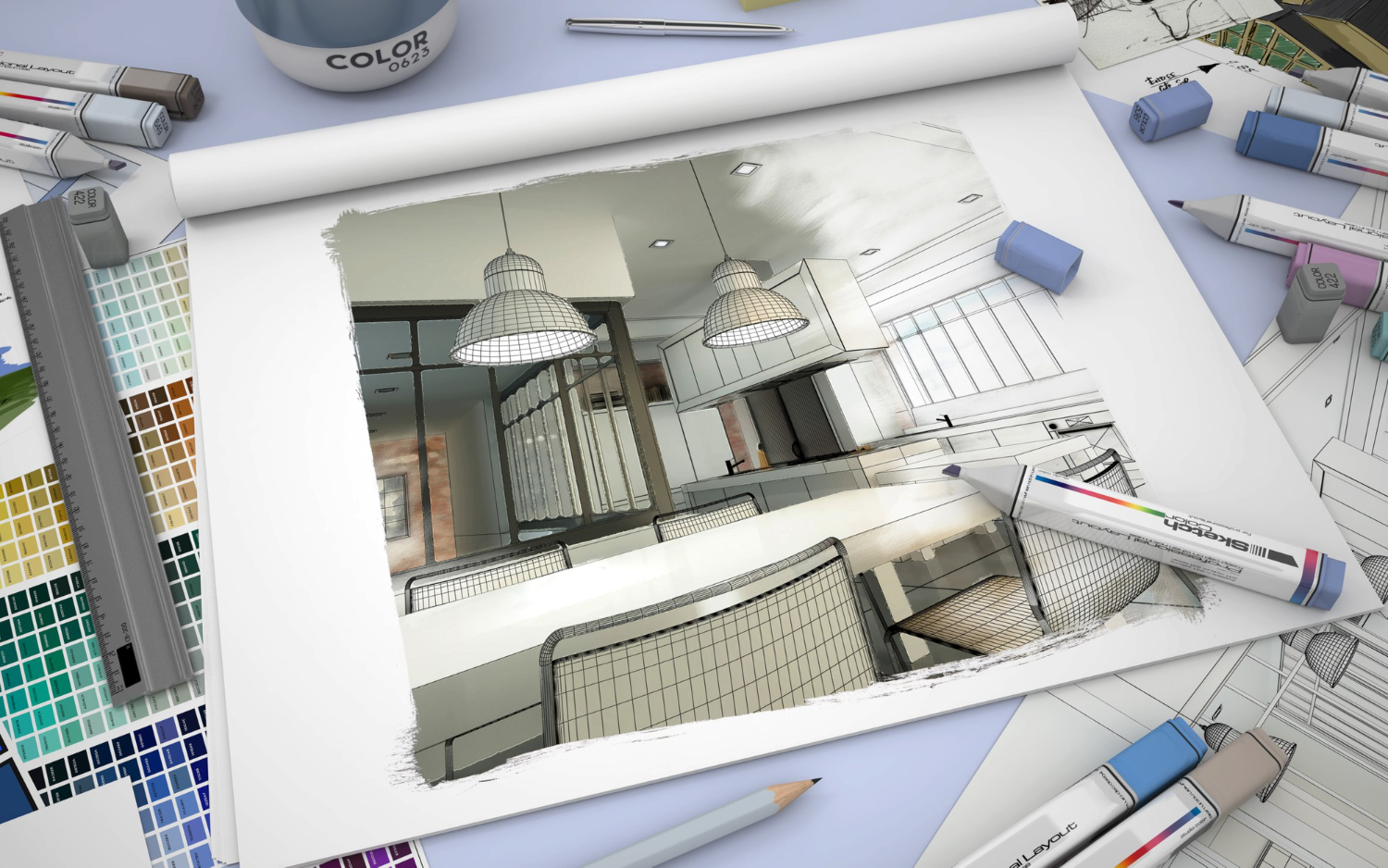 3d rendering of a sketch book with a modern kitchen interior color swatches and markers