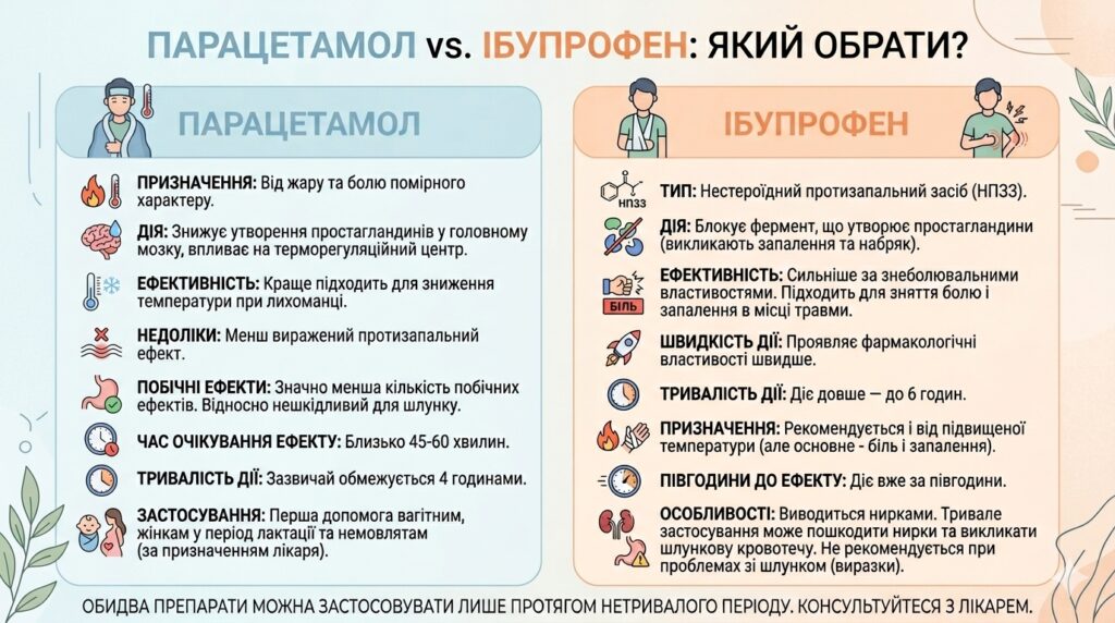 інфографіка парацетамол ібупрофен порівняння