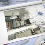 3d rendering of a sketch book with a modern kitchen interior color swatches and markers