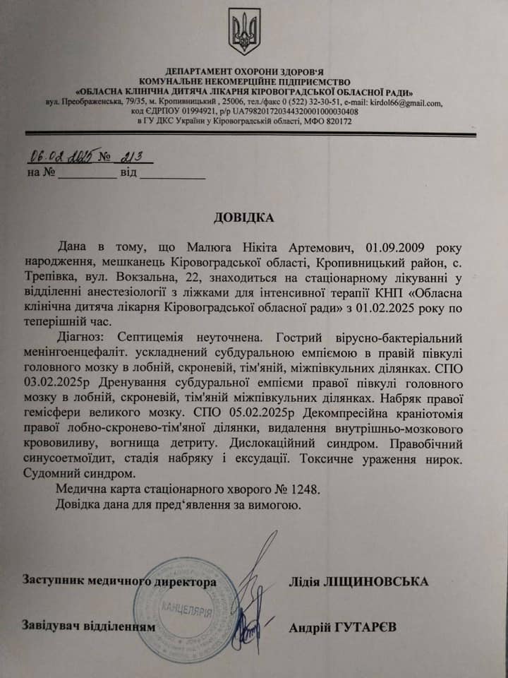 Нікіта хлопець реанімації збір Кропивницькому довідка