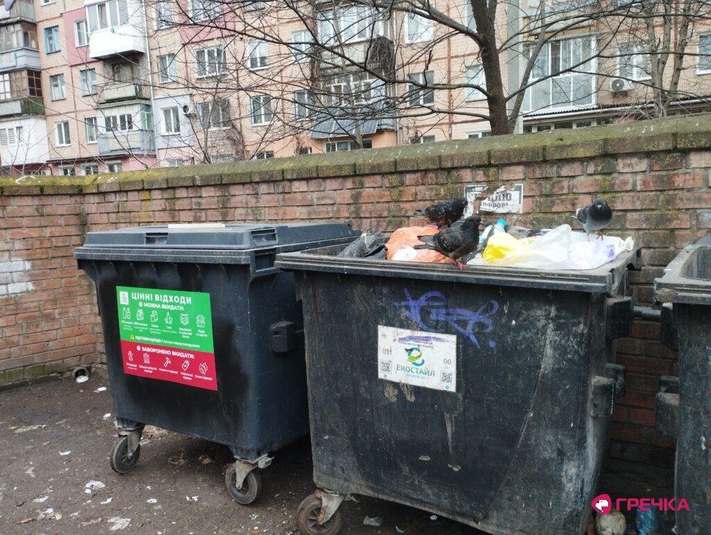 Птахи порпаються у смітті у контейнері по вулиці Віктора Френчка