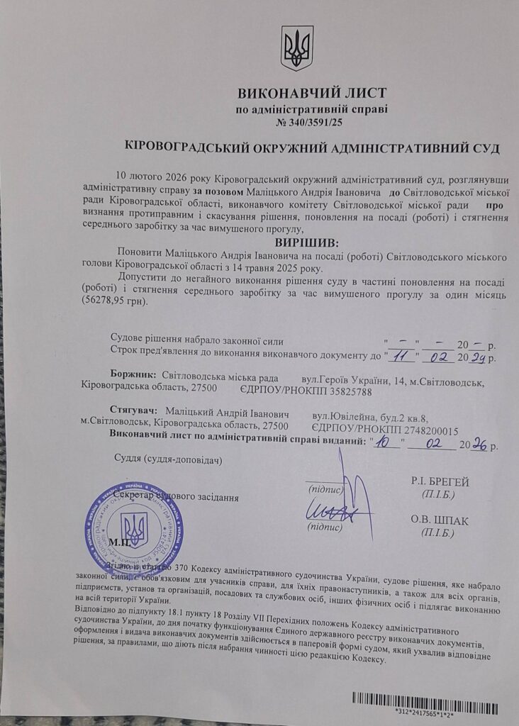 Рішення суду у справі Маліцького