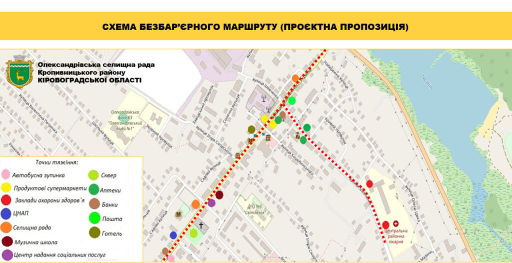 схема безбарʼєрного маршруту в Олександрівці проєкт