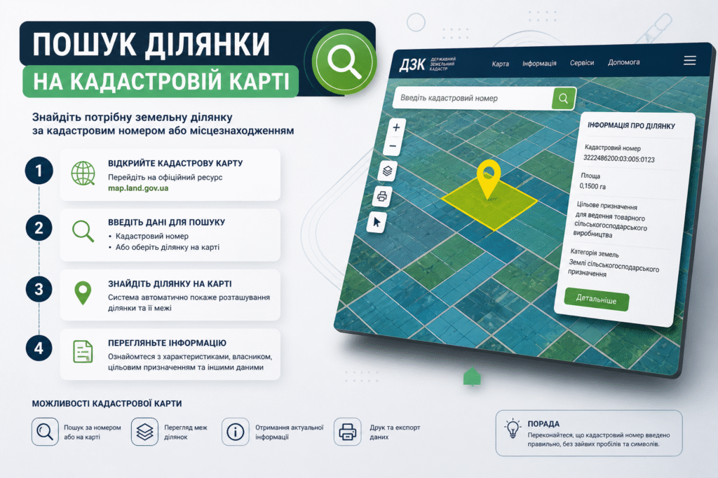 пошук ділянки на кадастровій мапі