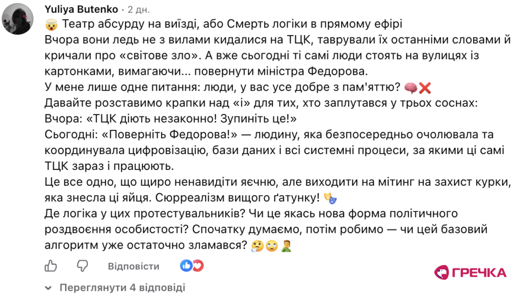 коментар під постом у Фейсбуці Гречки про мітинги